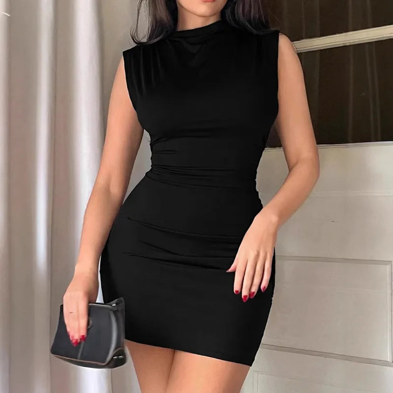 Slim-fit Pleated Bag Hip Crew Neck Dress, YOUNG Spring/summer Sleeveless Dress, Women's Clothing