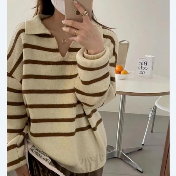 Classic retro casual striped pullover sweater knitted pullover women autumn and winter new loose long sleeve wind top women