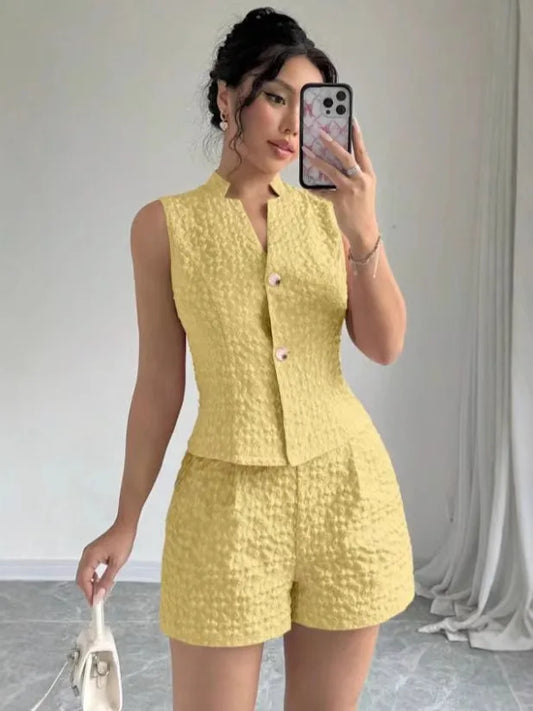 New Foreign Trade Sleeveless Collar Button Slim-fit Slimming Shorts Casual Suit