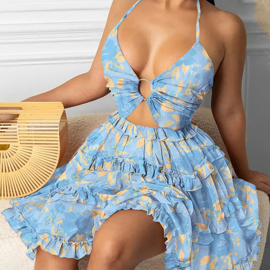 Women'S Fashion Printing Hollow Out Printing Daily V Neck Sleeveless Strap Dress